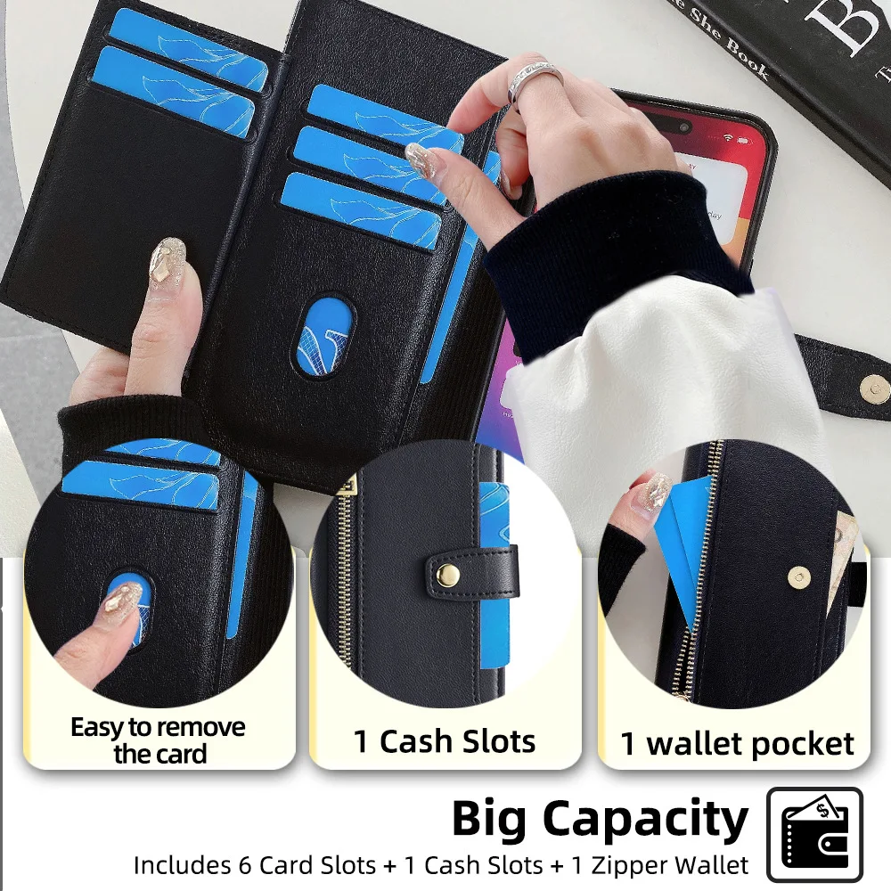 Elegant Magnetic Flip Wallet Case - Durable Leather Cover with Long Lanyard