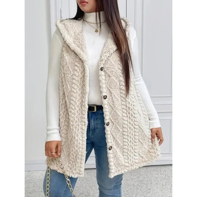 Plus Size 1XL-5XL Women's Textured Hooded Vest Sleeveless Hoodie Coat Button Down Faux Fur Coat