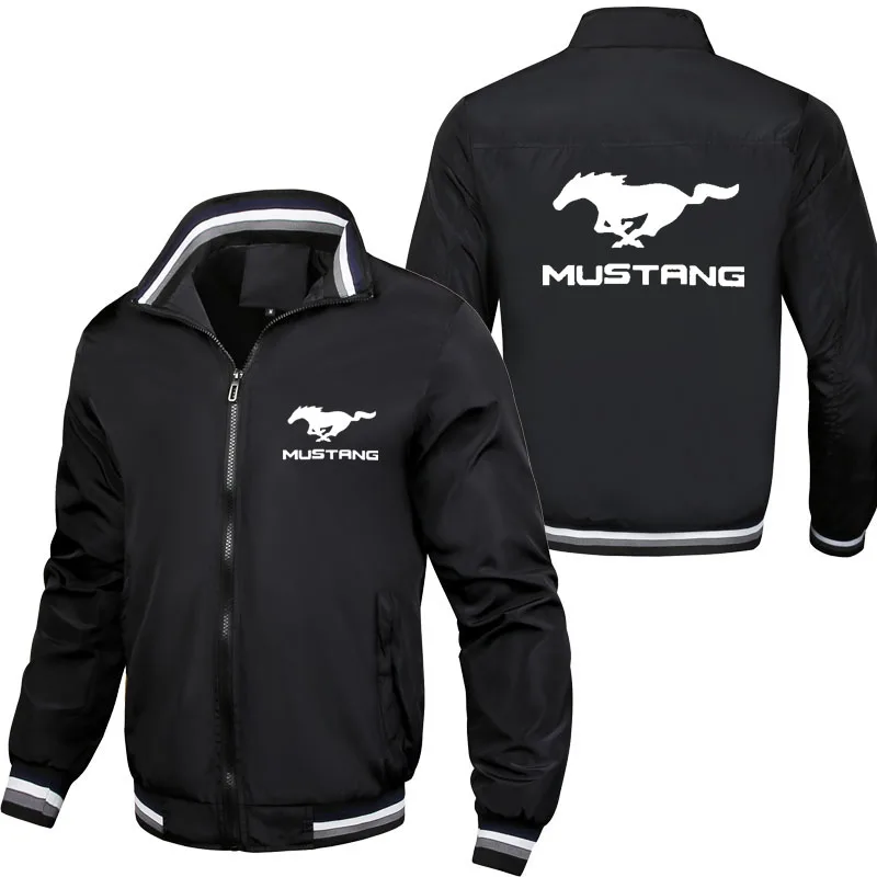 

New Sports and Casual Men's Jacket Zipper Top Mustang Car Logo Printed High Quality Striped Collar Jacket Outdoor Sports