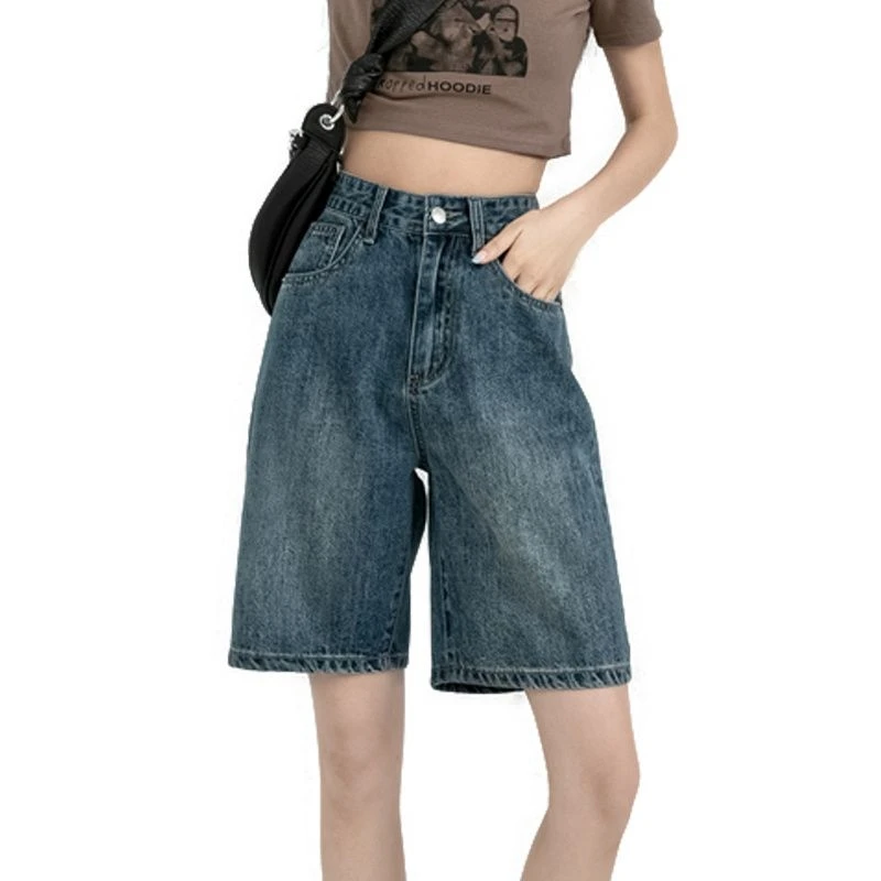 Shorts Women's Blue Washed Cotton Loose Learning Spring and Summer New Small Straight Jeans Button Design Thin High Waist Pants