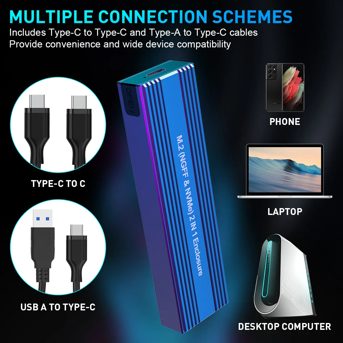 Dual Protocol M.2 SSD Enclosure M.2 NVMe to USB 3.1 Gen2 10Gbps Adapter Aluminum Reader Case with Heatsink