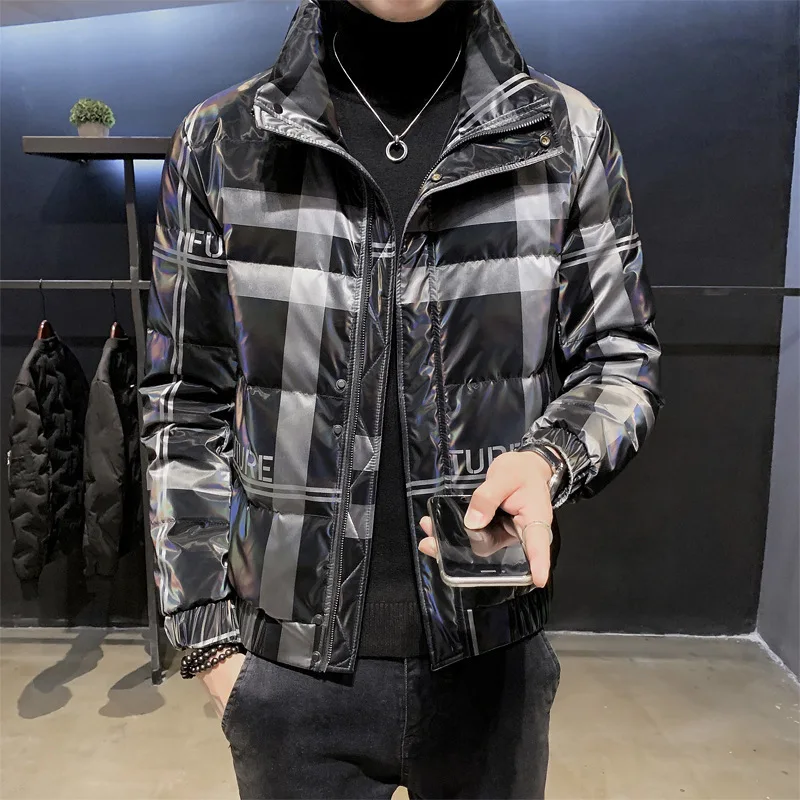 

Trendy Colorful Plaid Sharkskin Down Jacket Men Autumn Winter Thick Warm Bread Coats Outdoor Casual Loose Puffer Jackets Parkas