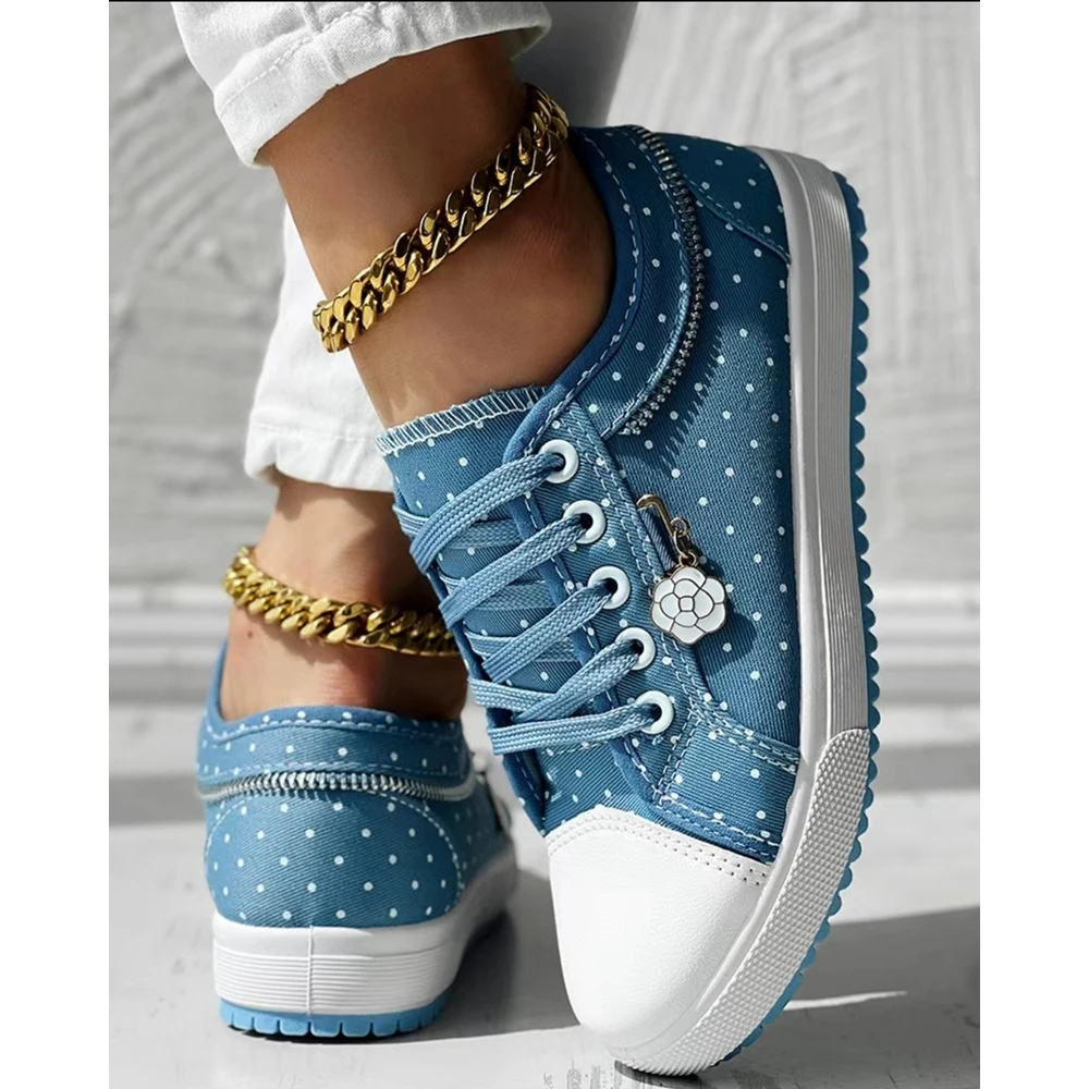 Women Polka Dot Print Round Toe Canvas Sneakers Autumn Women Casual Daily Lace-up Flats Shoes Korean Style Spring Autumn