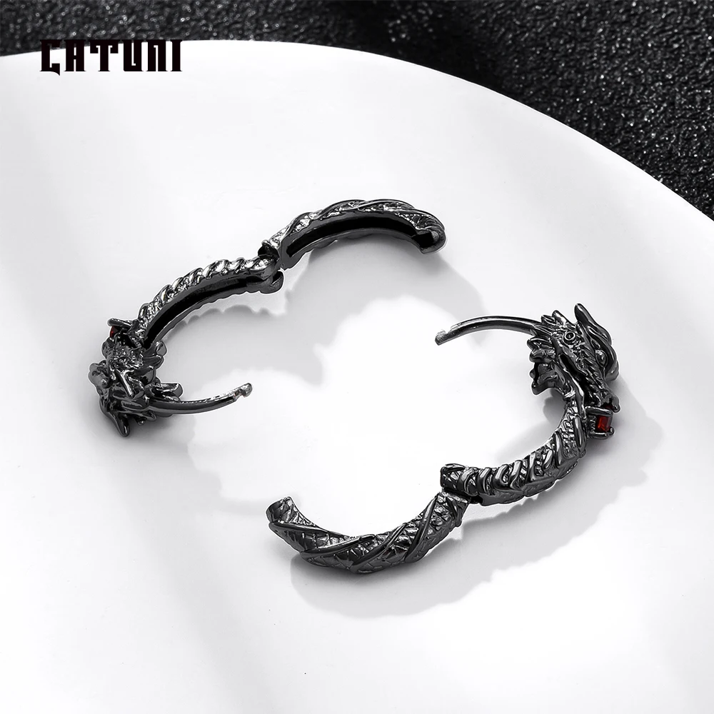 Catuni Hot Dragon Goth Punk Hoop Earrings Copper inlaid Red