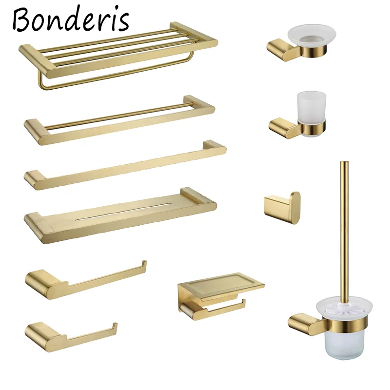 Brushed Gold Bathroom Accessories Hardware Sets 304 Stainless Steel Towel Rack Bar Hook Toilet
