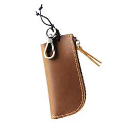 Premium Leather Multi - Functional Key Pouch with Zipper & Waist Strap (Brown)