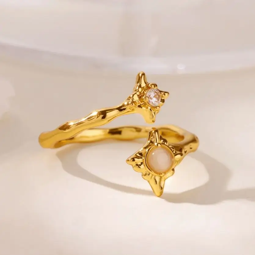 Zircon Flower Rings Gold Color Double Adjustable Stainless Steel Ring For Women