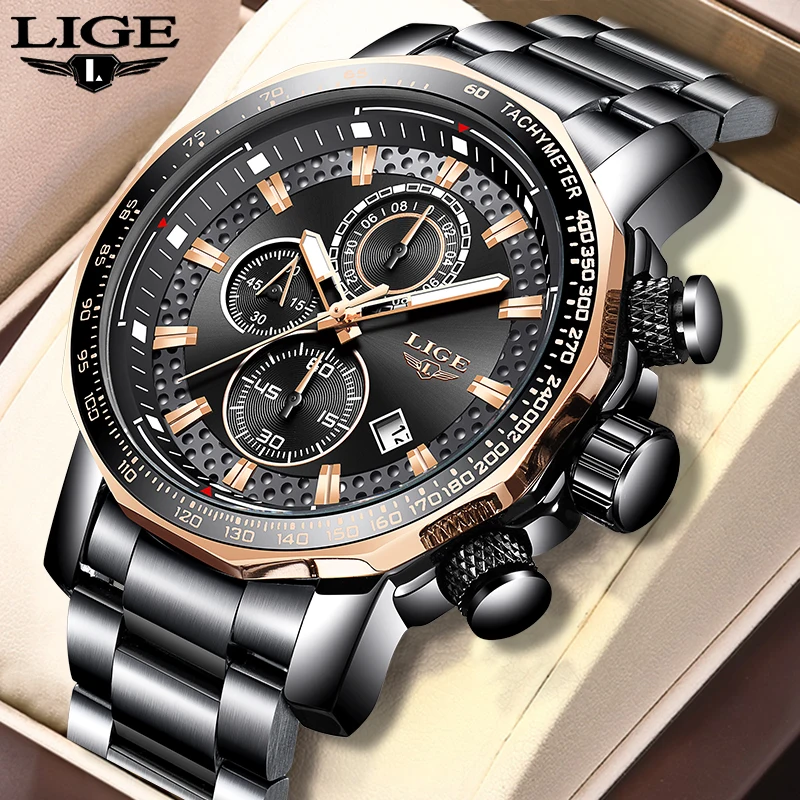

LIGE Fashion Luxury Men Watch Stainless Steel Business Quartz Watches for Men Casual Sport Waterproof Man Clock Date Chronograph