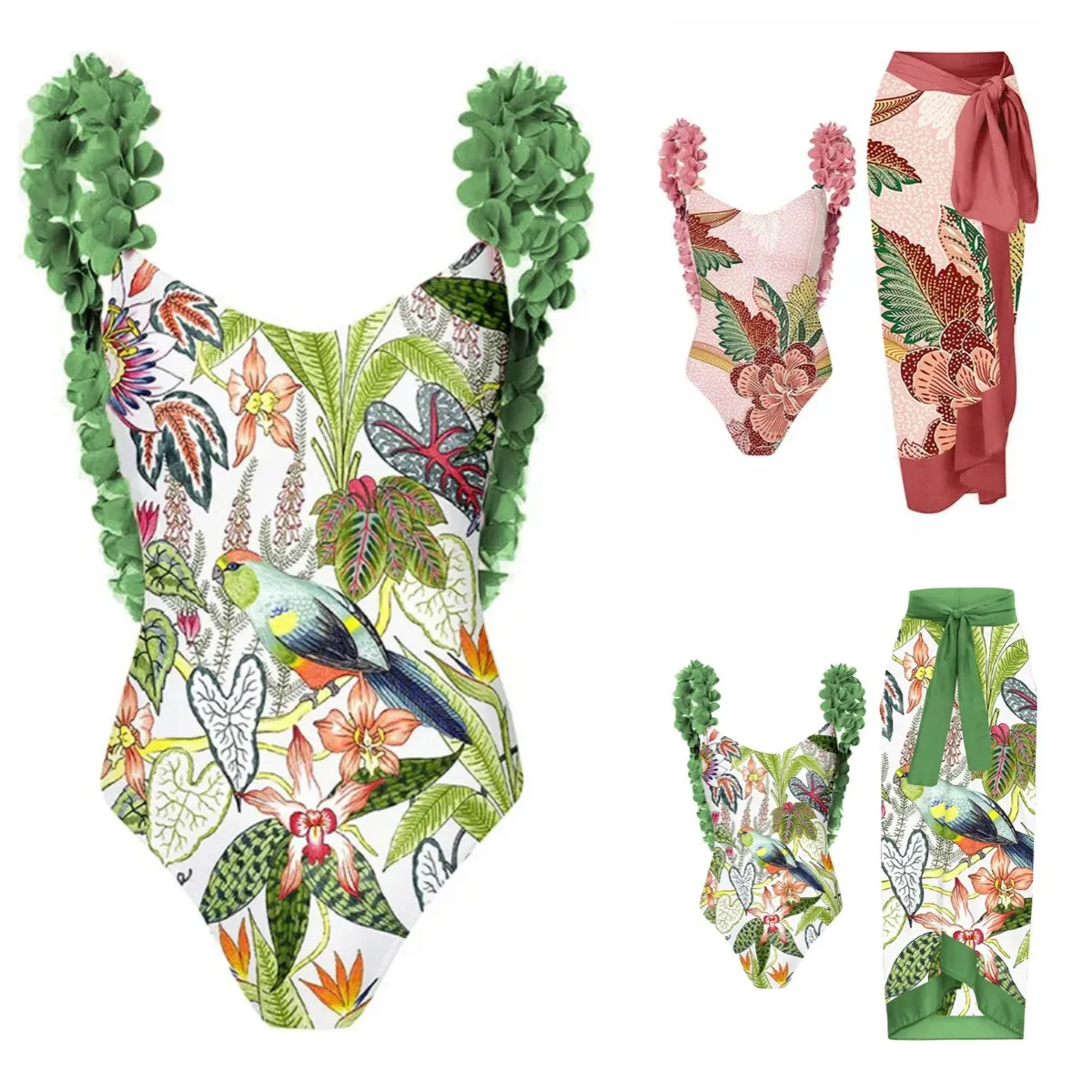 

Слитный женский винтажный купальник без черных цветов, зеленый купальный костюм с 3D цветами, накидка, Женская Ретро Праздничная пляжная одежда, летняя одежда для серфинга