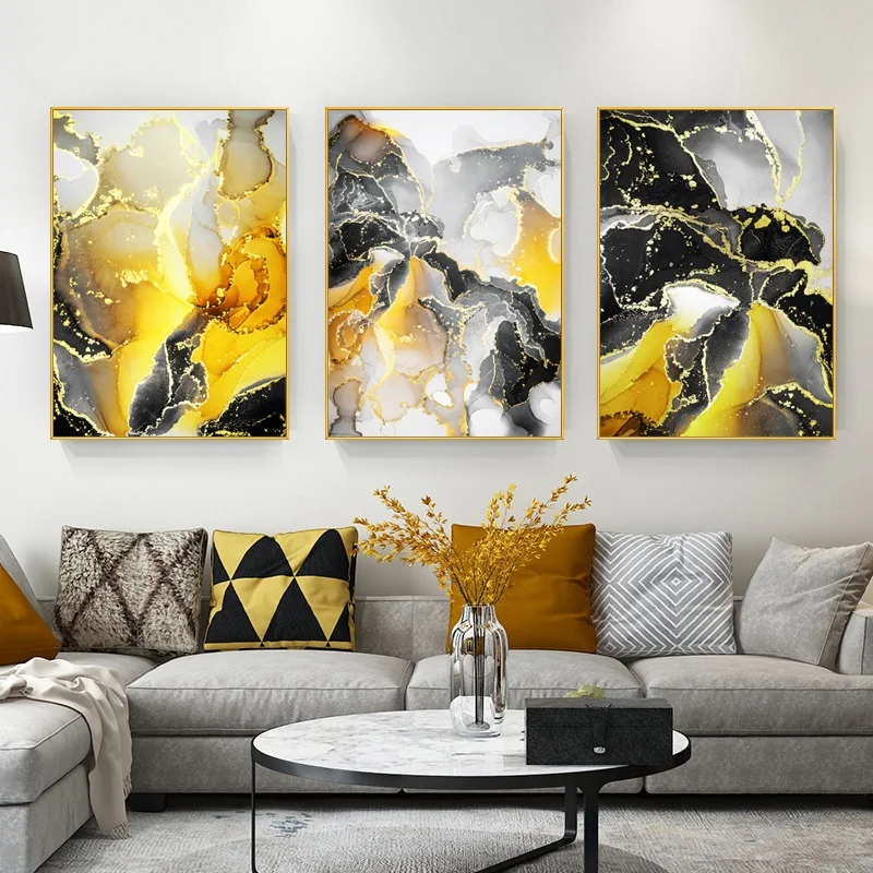 Modern Abstract Gold Foil Lines Black Gold Grey Watercolor Poster