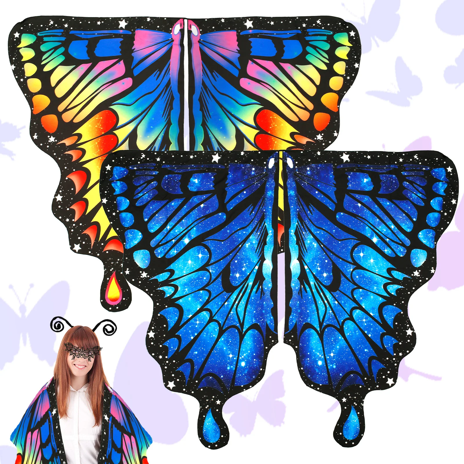 Adult butterfly shawl colorful with adjustable shoulder strap fairy shawl with headband eye mask Christmas Halloween party with eye mask