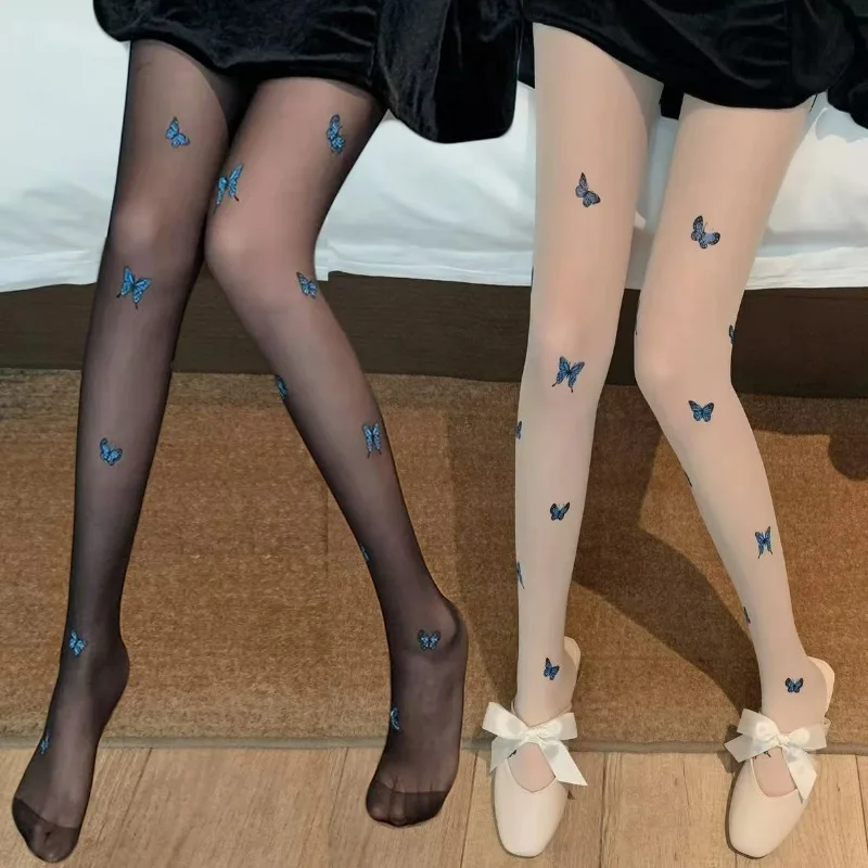 

New Blue Butterfly Silk Tights Women Sexy Black Skin Nylon Ultra-Thin Pantyhose Mesh Long Stocking Seamless JK Lolita Pantyhose