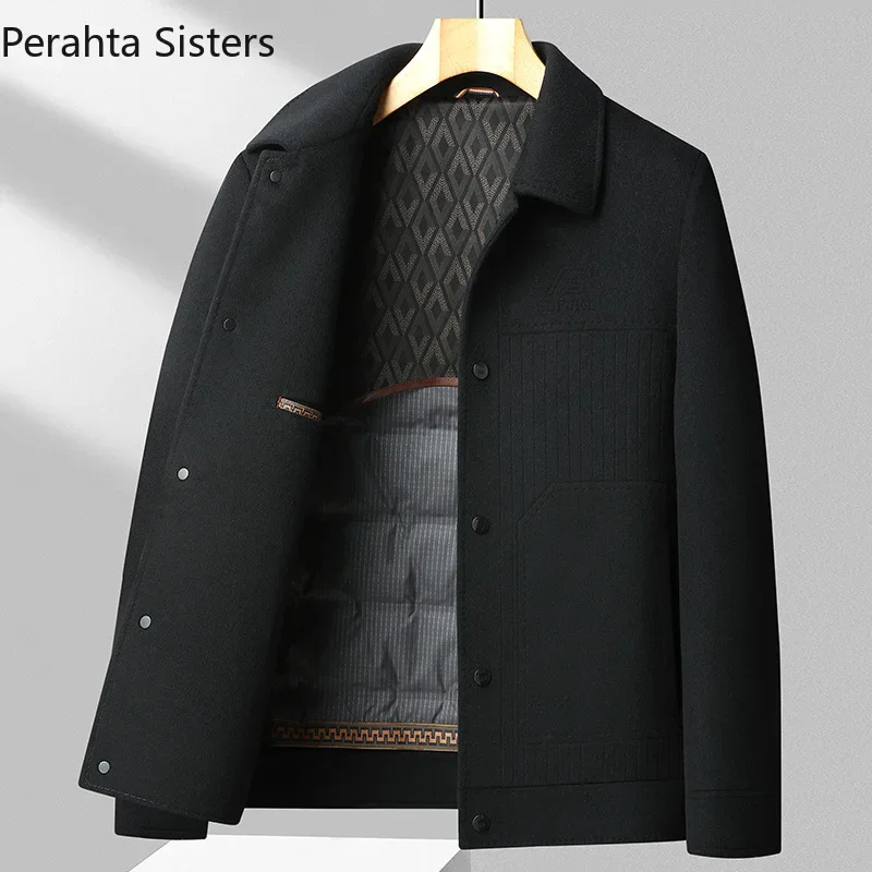 Brand Top Quality 69.8% Wool Jacket For Men Autumn Winter Solid Color Business Goose Down Liner Double-Sided Woolen Coat Jackets 5