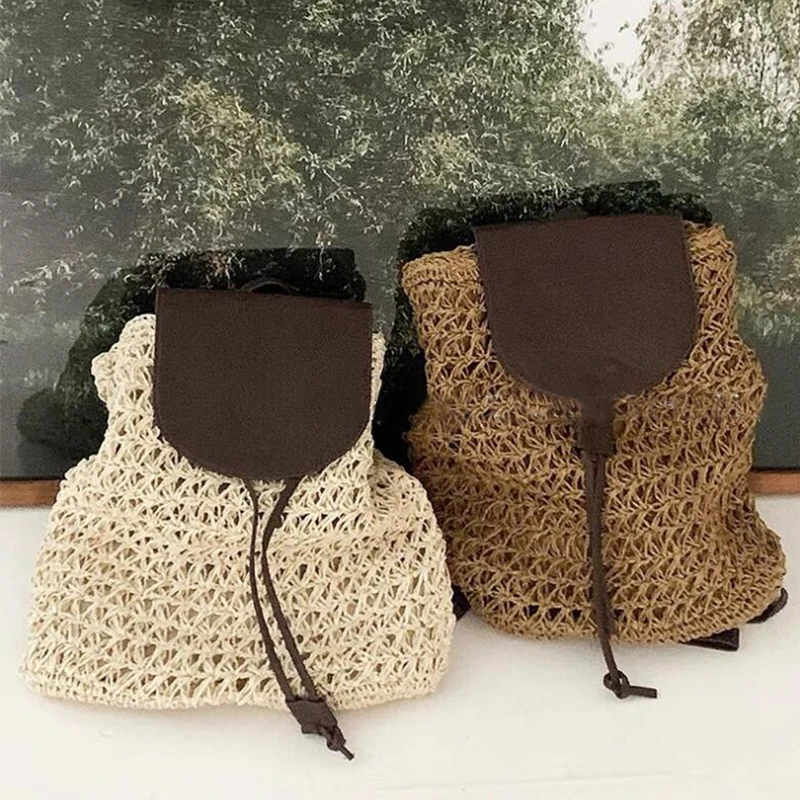 Women's Summer Boho Straw Backpack Hollow Shoulder Hobo Bag Crochet Woven Travel Beach Knitted Bag