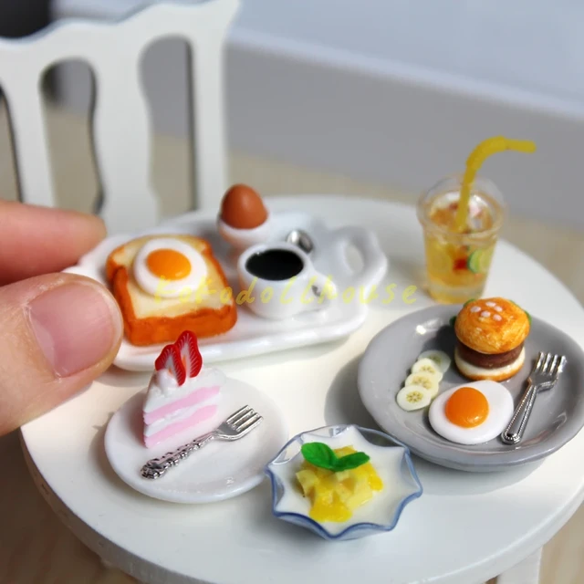 Casas de boneca acessórios simulação café da manhã ovo pão cozinha comida  jogar ornamento comida para barbie micro paisagem brinquedos - AliExpress