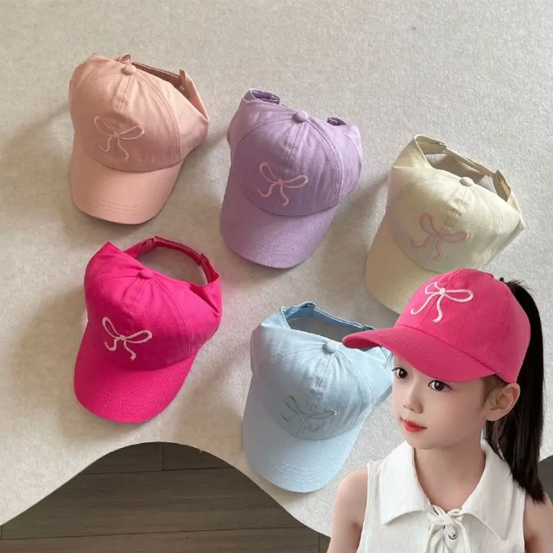 Fashion High Ponytail Kids Sun Hats Pink Bow Embroidery Baseball Caps Adjustable Solid Travel Caps Baby Children Peaked Hat baseball cap baby sun hat outdoor sun hat