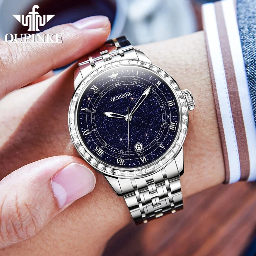 OUPINKE Original Automatic Mechanical Watch for Men Star Diamond Design Luminous Waterproof Mens Wristwatch Luxury Montre Homme