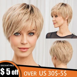 Blonde Brown Layered Remy Human Hair Wigs Short Bob Pixie Cut Straight Wig with Bangs Natural Glueless Human Hair Wigs for Women