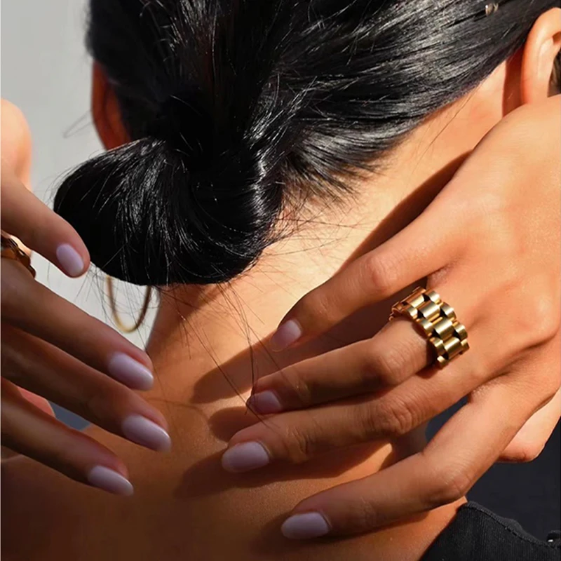 Peri'sbox Solid Gold Color Bold Wide Thick Ring for Women Chunky Link Chain Titanium Steel Strap Finger Rings Jewelry, gold color rings, finger ring, gold color ring, chain ring