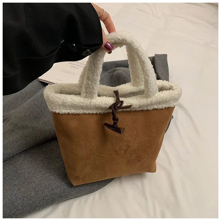 Women Faux Suede Plush Top-Handle Bag Tote Bag Shoulder Bag for Travel Shopping Daily Use