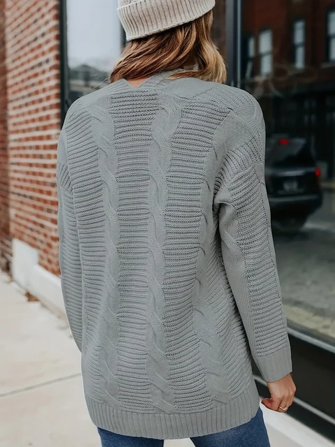 Solid Cable Knit Cardigan, Casual Open Front Long Sleeve Sweater, Women's 2