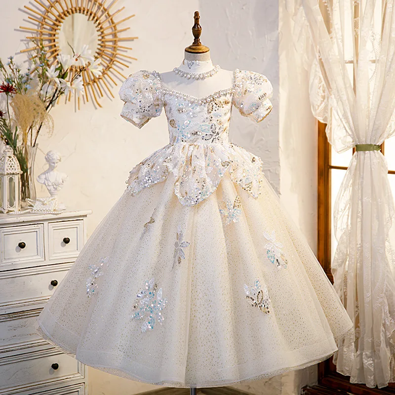 

2023 Luxurious Dress for Baby Girls Kids Sequined Long Ball Gowns Toddlers Elegant Formal Party Dresses Infant Vintage Vestidos