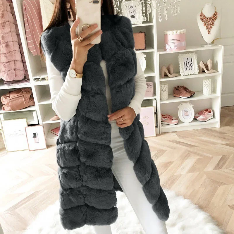 

Long Warm Faux Fur Coat Women Vest Sleeveless Outerwear Jacket S-4XL Fluffy Artificial Fur Coat Vintage Sleeveless Tops