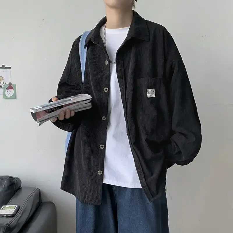 

Corduroy Long Sleeve Men Shirts 2023 Spring Autumn Japanese Casual Streetwear Oversized Loose Black Grey Shirt Men Clothing
