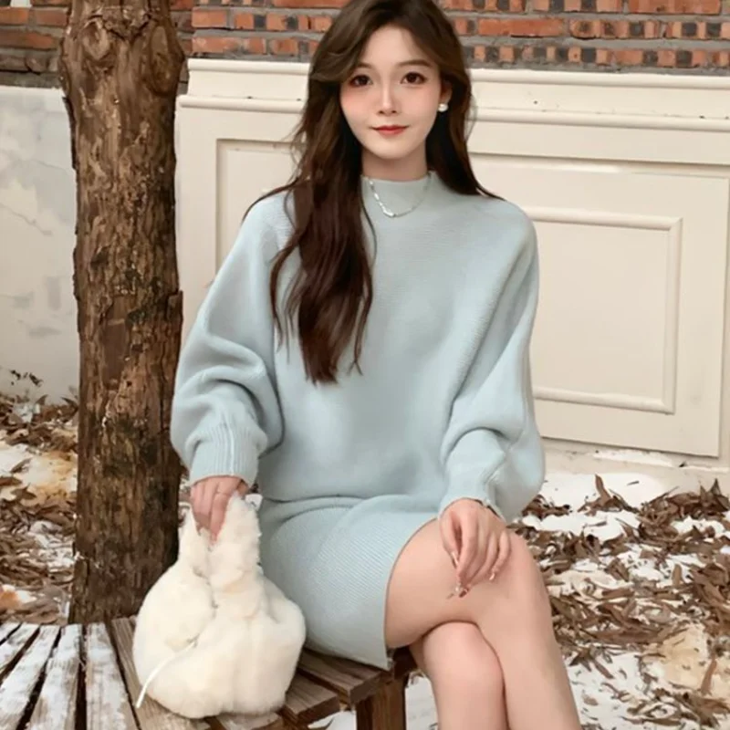 Women's Clothing French Lazy Knitted Suit Autumn/Winter New Korean Half High Neck Pullover Sweater Slimming Half Skirt Set creative high heels art lazy sofa chair clothing shoe store the living room a single cloth art sofa