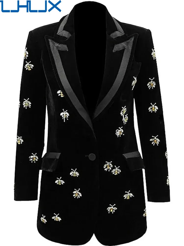 

LJHLJX 2024 new fashion women clothes turn-down collar full sleeves embroidery high waist pocket jackets mid length AH68