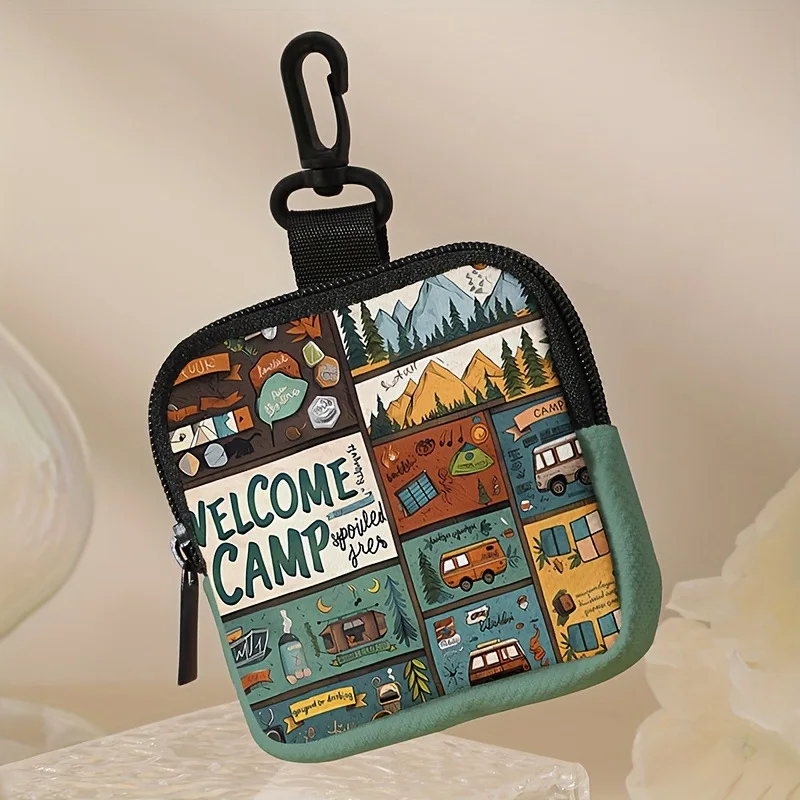 Printed Coin Purse Faux Leather Zipper Storage Bag Multi Functional Mini Earphone Case