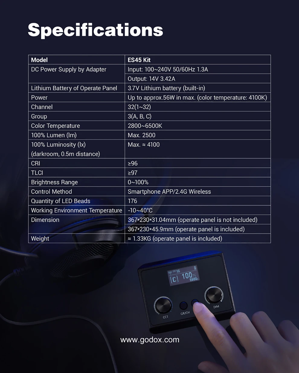 Godox ES45 E-Sports LED Light 2800K - 6500K Kit with Mounting Rod APP & Remote C