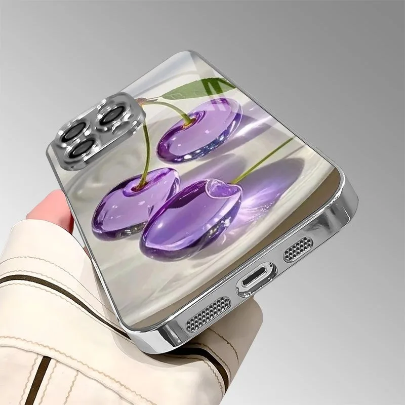 Purple Crystal Cherry Pattern Electroplated Glass Phone Case