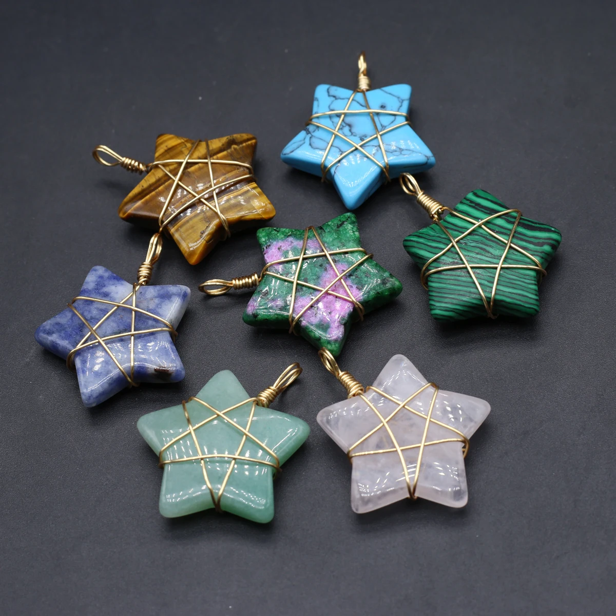 7PCS Random Natural Stone Turquoise Epidote Pentagram Shape Pendant Jewelry Making DIY Necklace Earrings Accessories Gift