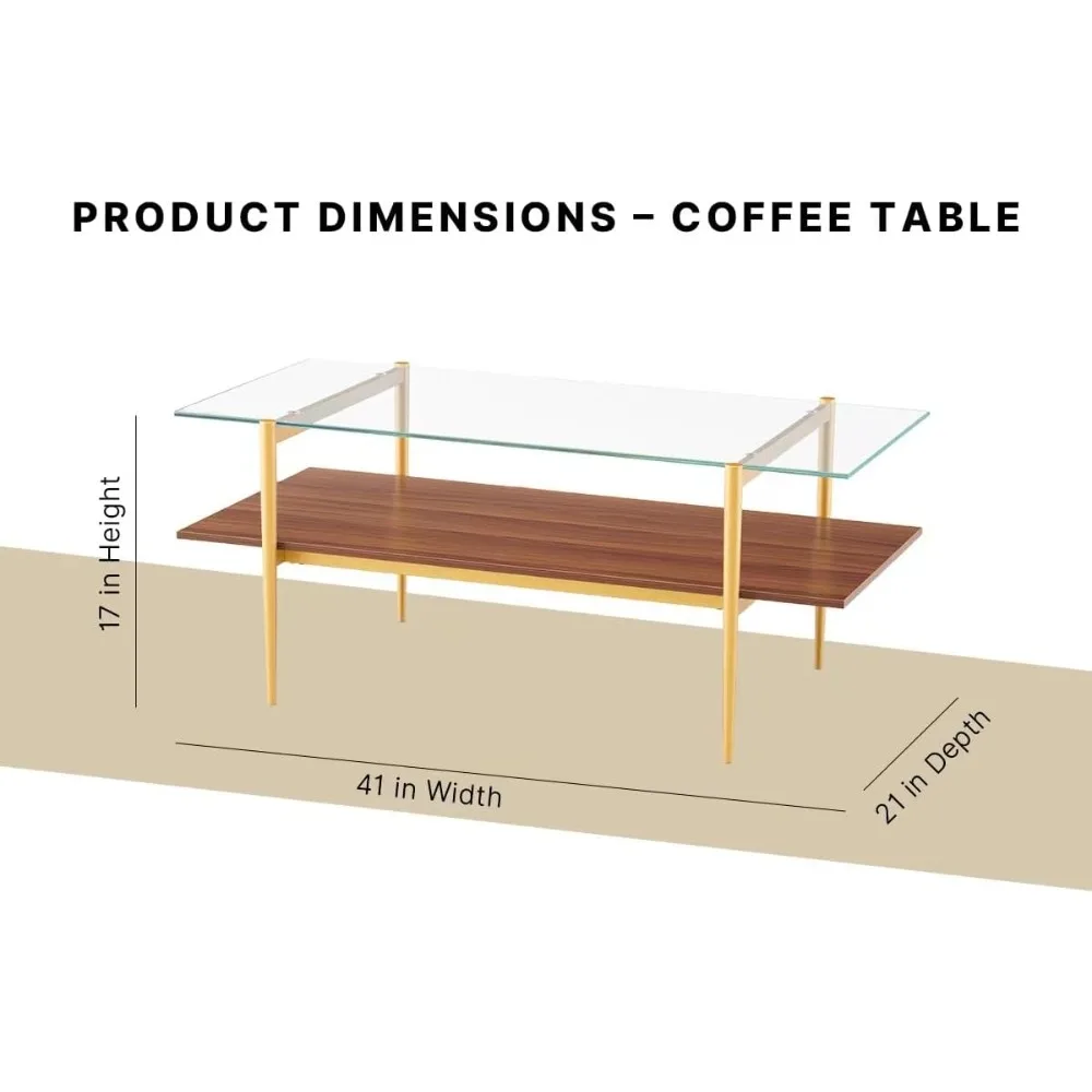 Mid-Century Modern Coffee Table, Clear Glass Top, Gold Metal Legs, 2-Tier Walnut Shelf, 41"D x 21"W x 17"H