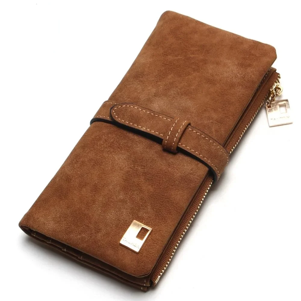Women Wallets Long Purse Two Fold Women Wallets Drawstring Nubuck Leather Zipper Suede Women's Long Design Purs synthetic leather wallet