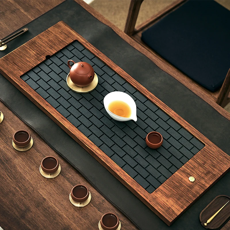 

Trays Wooden Japanese Rectangular Desk Drainage Tea Tray Black Stone Non Slip Office Plateaux De Service House Items