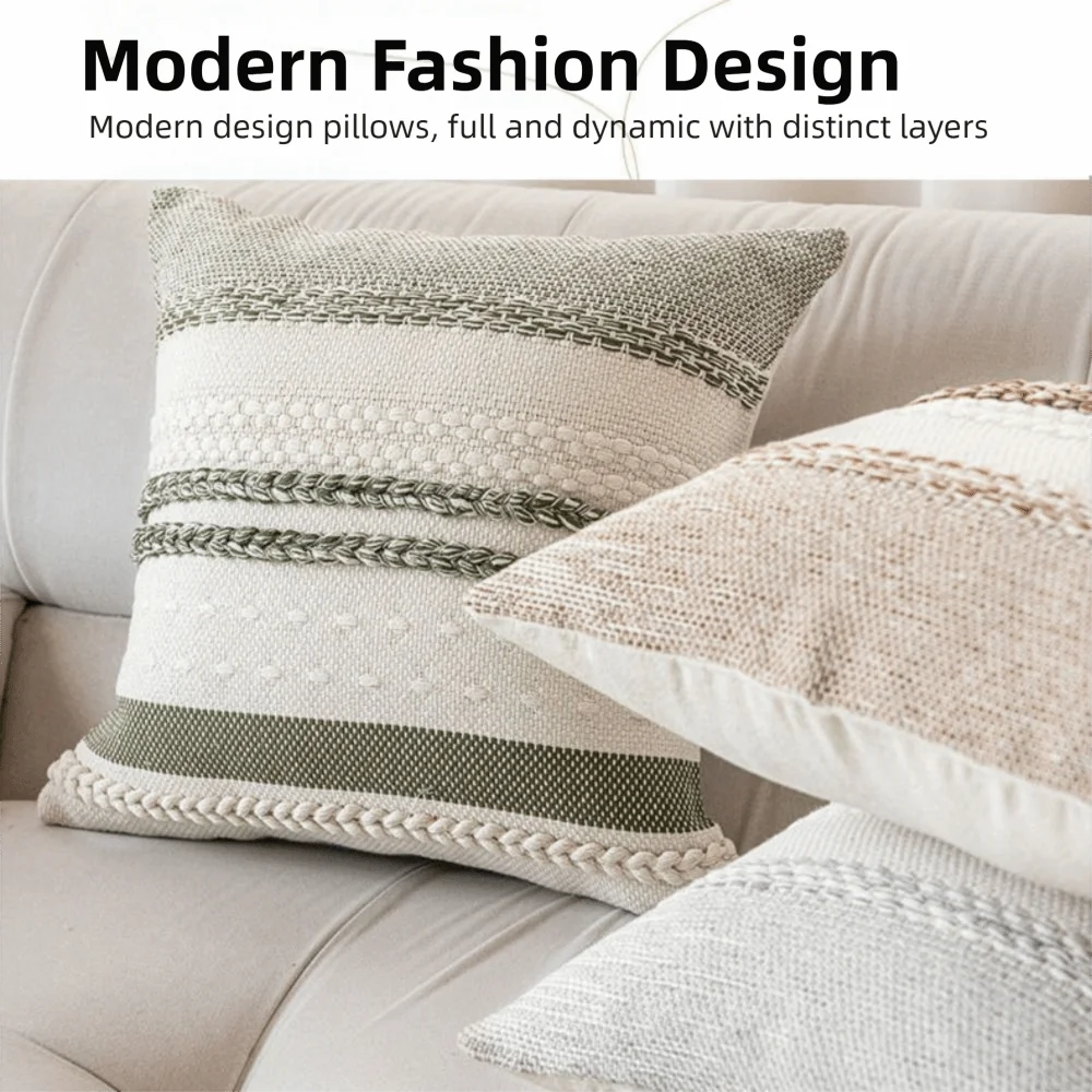 Boho Striped Textured Decorative Throw Pillow Covers - 18x18 Inch