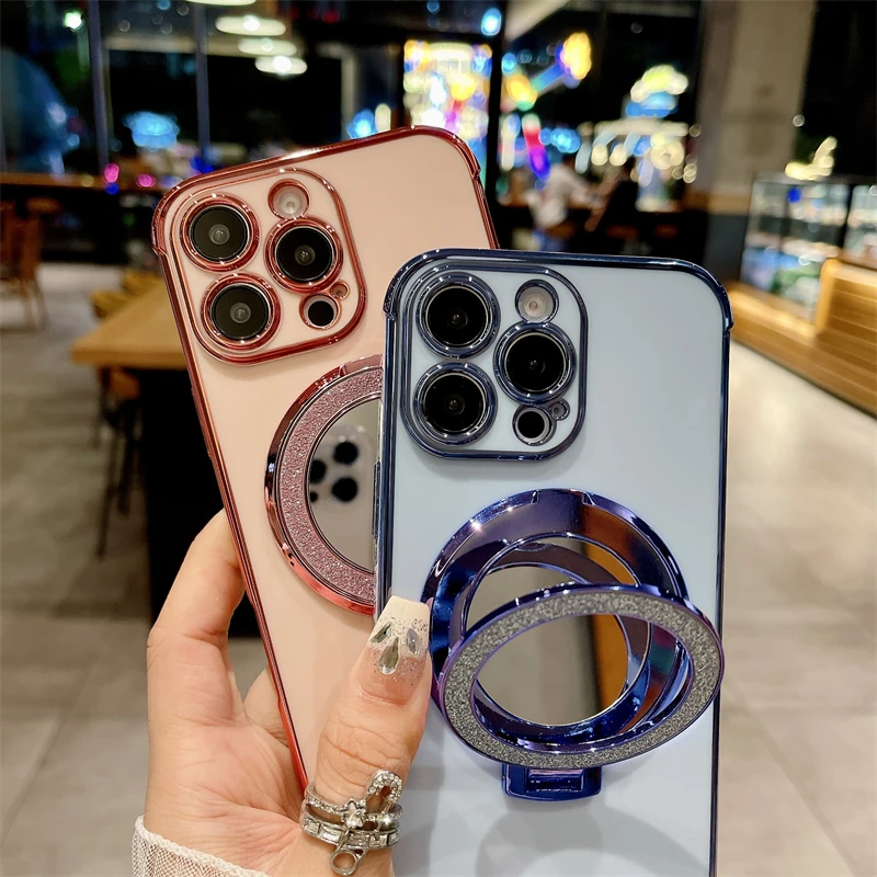 Luxury Plating Cute Flowers Glitter Phone Case with Stand and Soft Bumper Protector