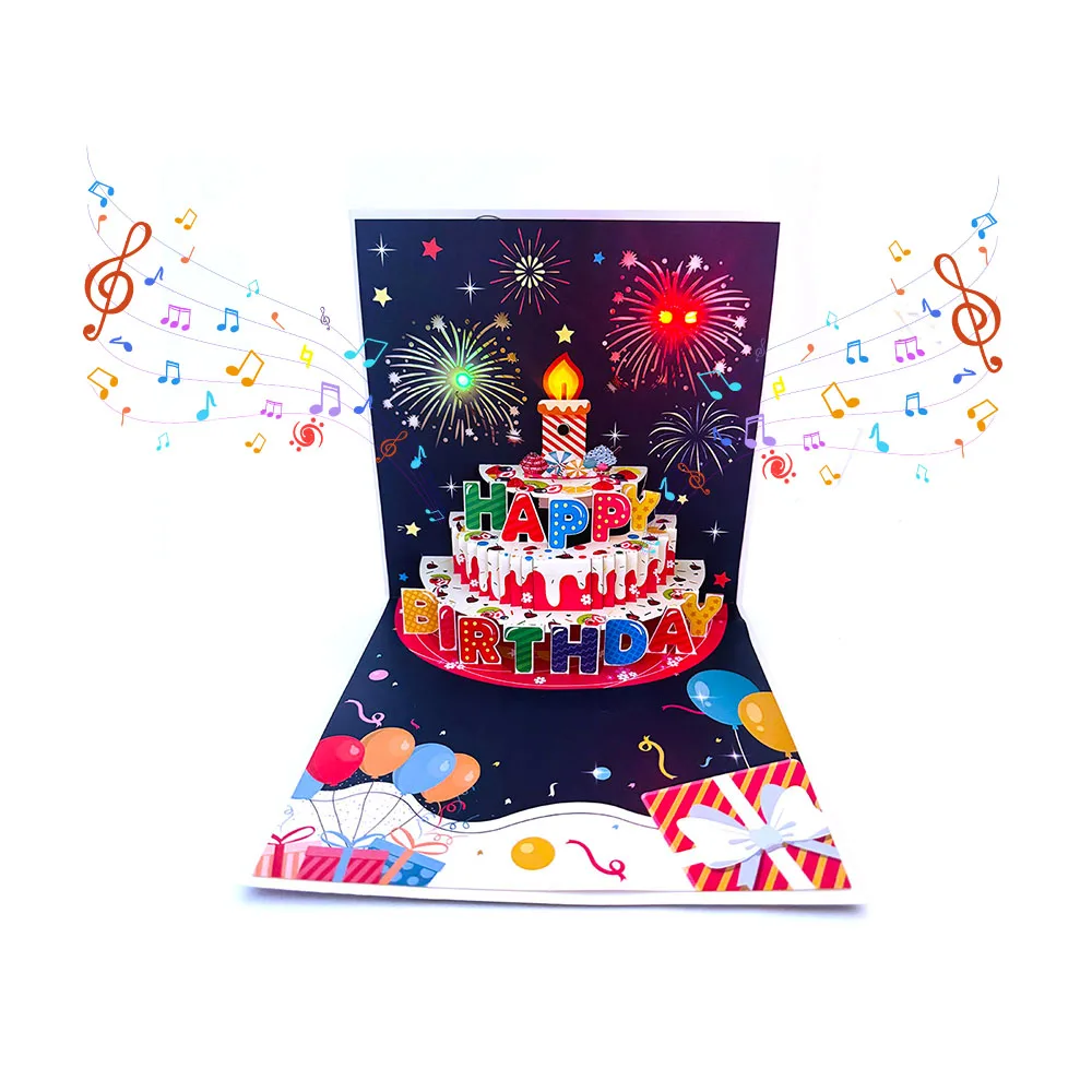 LED 촛불 및 불꽃 놀이가 있는 3D 팝업 생일 카드-누구나 생일 축하 인사 뮤지컬
