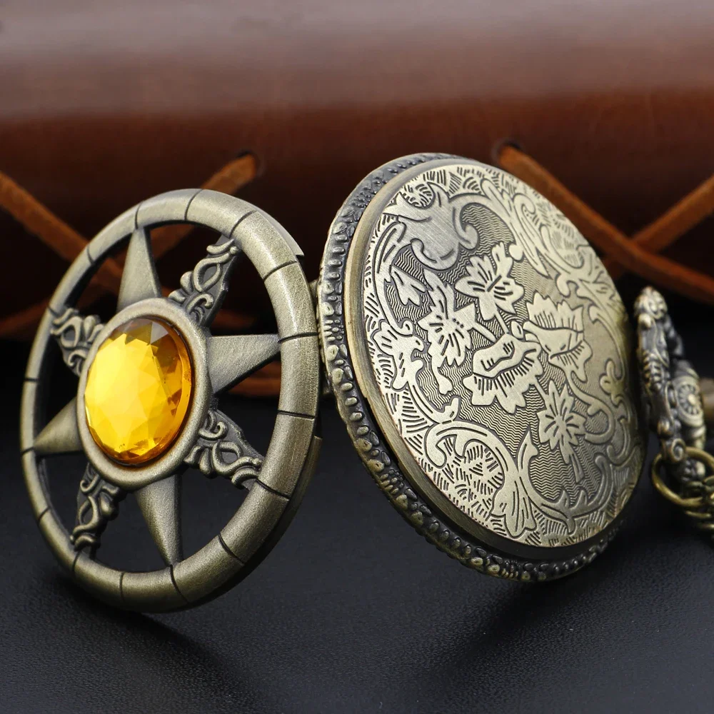 Hollow Yellow Magic Gemstone Inlaid Compass Quartz Pocket Watch Retro Digital Pendant Chain Clock Necklace Jewelry Clock Gift