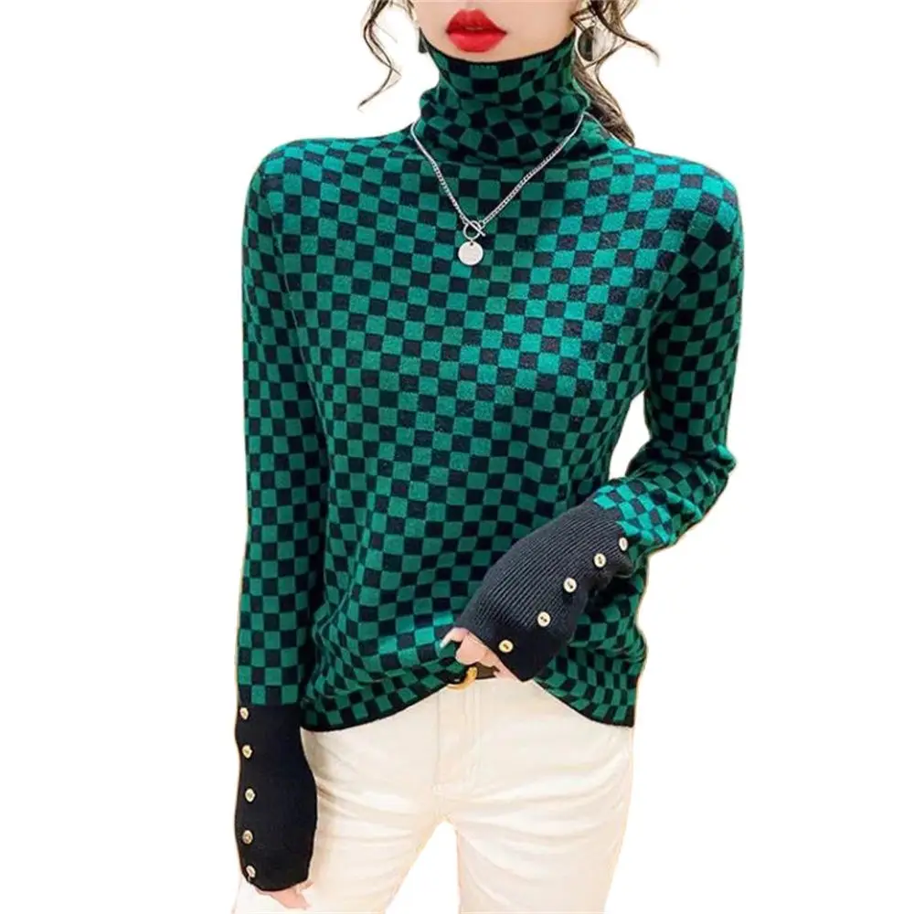 

Women's Fleece Houndstooth Turtleneck Sweater Sexy Plaid Pullover Korean Fashion Luxury Winter 2024