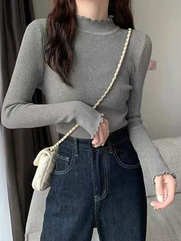 2025 المرأة محبوك سترة الخريف الشتاء طبقة قاعدة بسيطة القمم الخشب الأذن حافة الياقة المدورة طويلة الأكمام البلوفرات ملابس حريمي 3