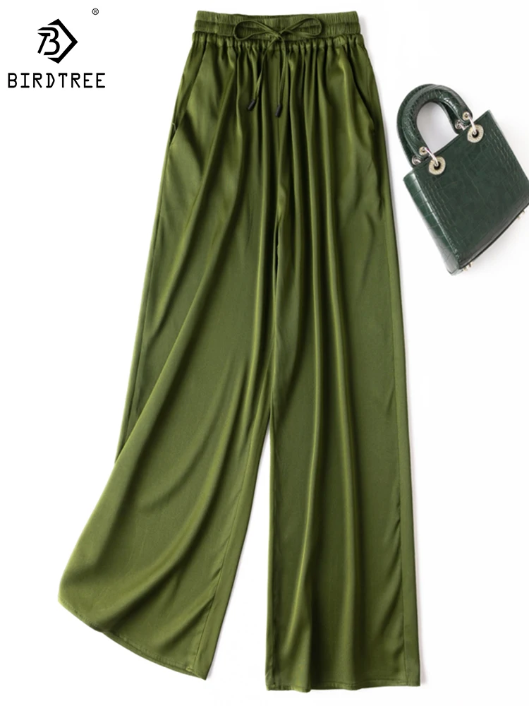 

Birdtree 93%Silk Stretch Straight Pants Literary Solid Color Casual Versatility Comfortable Slim Wide-leg Trousers B30643QD