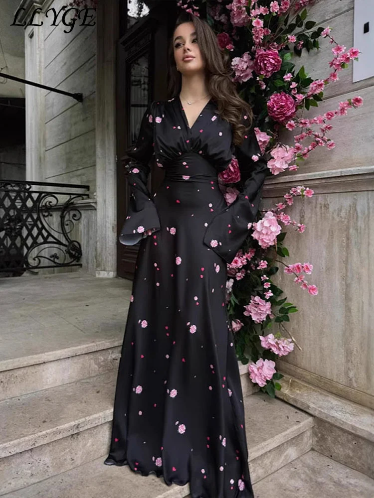 Elegant Printed Satin Long Dress Women Slim Lace Up V-neck Full Sleeve Pleat  Dresses 2025 Autumn Lady Party Evening Robes New - AliExpress 200000345