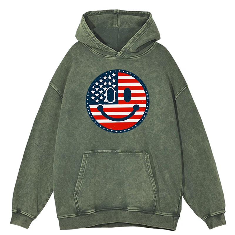 thumbnail image 1 of Sudadera con capucha retro desgastada con cara sonriente de la bandera estadounidense para hombre, ropa de moda, sudadera de hip hop, 100 % algodón con capucha, 1 of 5