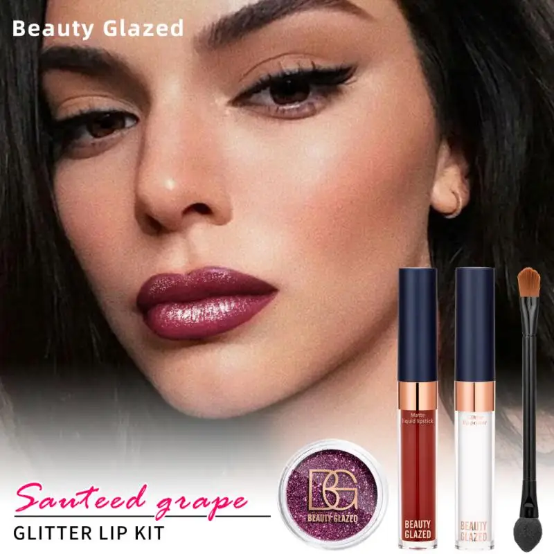 4color/Set Glitter Lip Kit Shinning Lips Glitter Powder With Primer Brush  Waterproof Kissproof Glittering Party Makeup - AliExpress