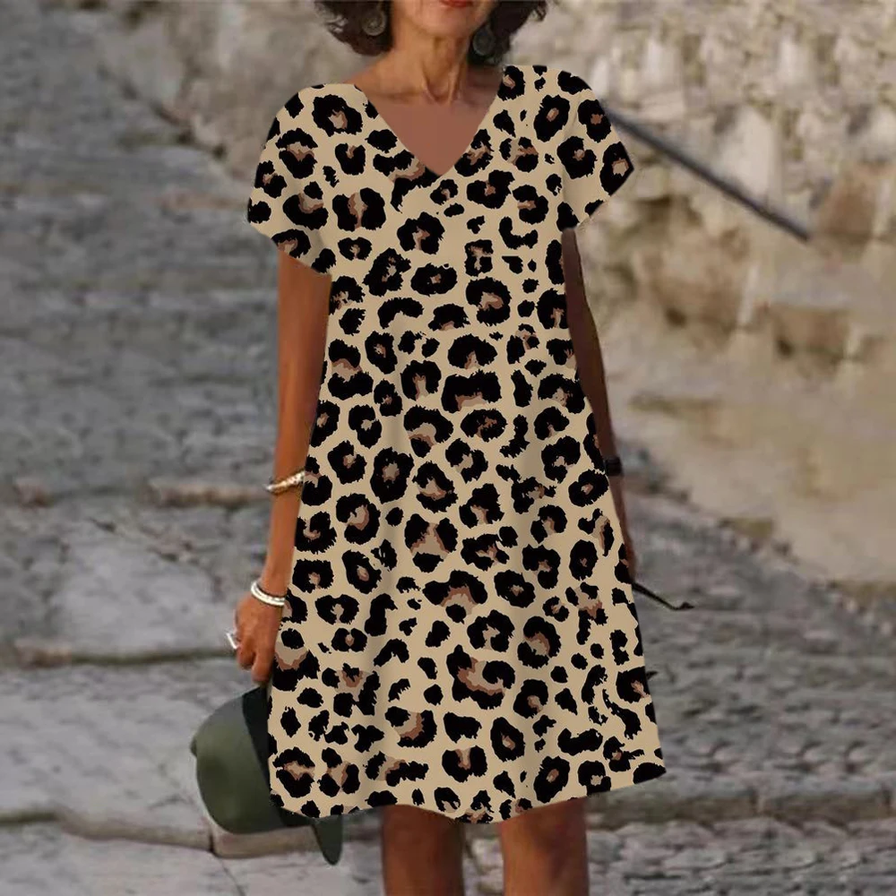 

Women Fashion Sexy Leopard Printed Short Sleeve V-neck Dress Boho Elegant Dresses For Summer 2022 Ladies New Vintage Streetwear