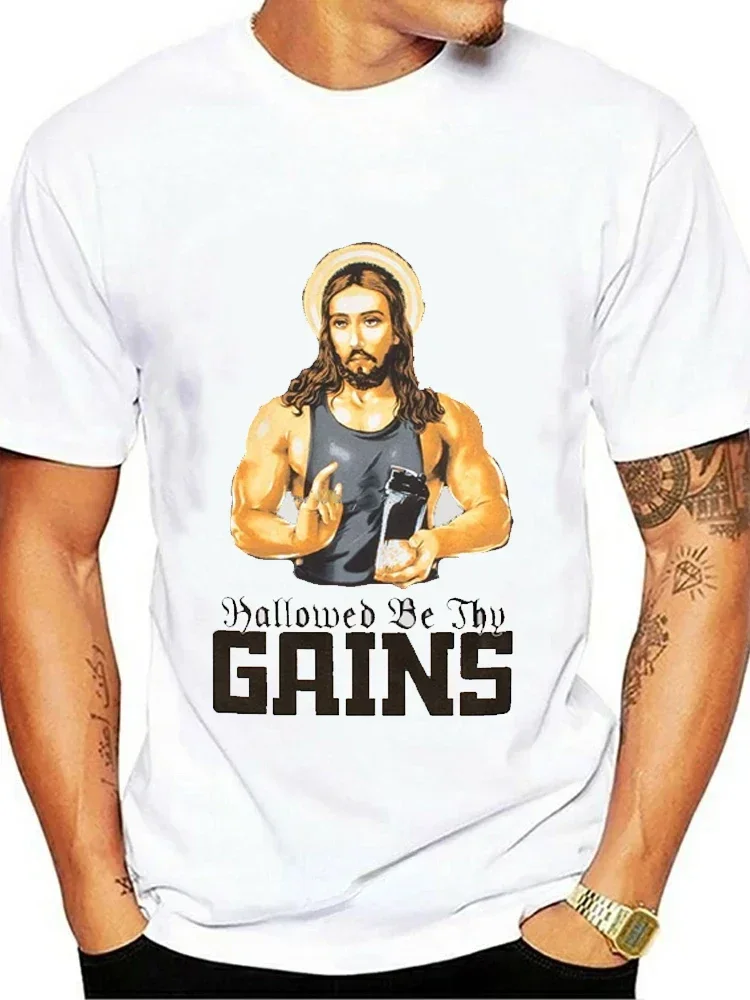 

Men Clothing Graphic T Shirts 2024 Let The Gains Be with You Hilarious Muscle Jesus Pumping Iron Tee - Men's Comfy Leisurewear