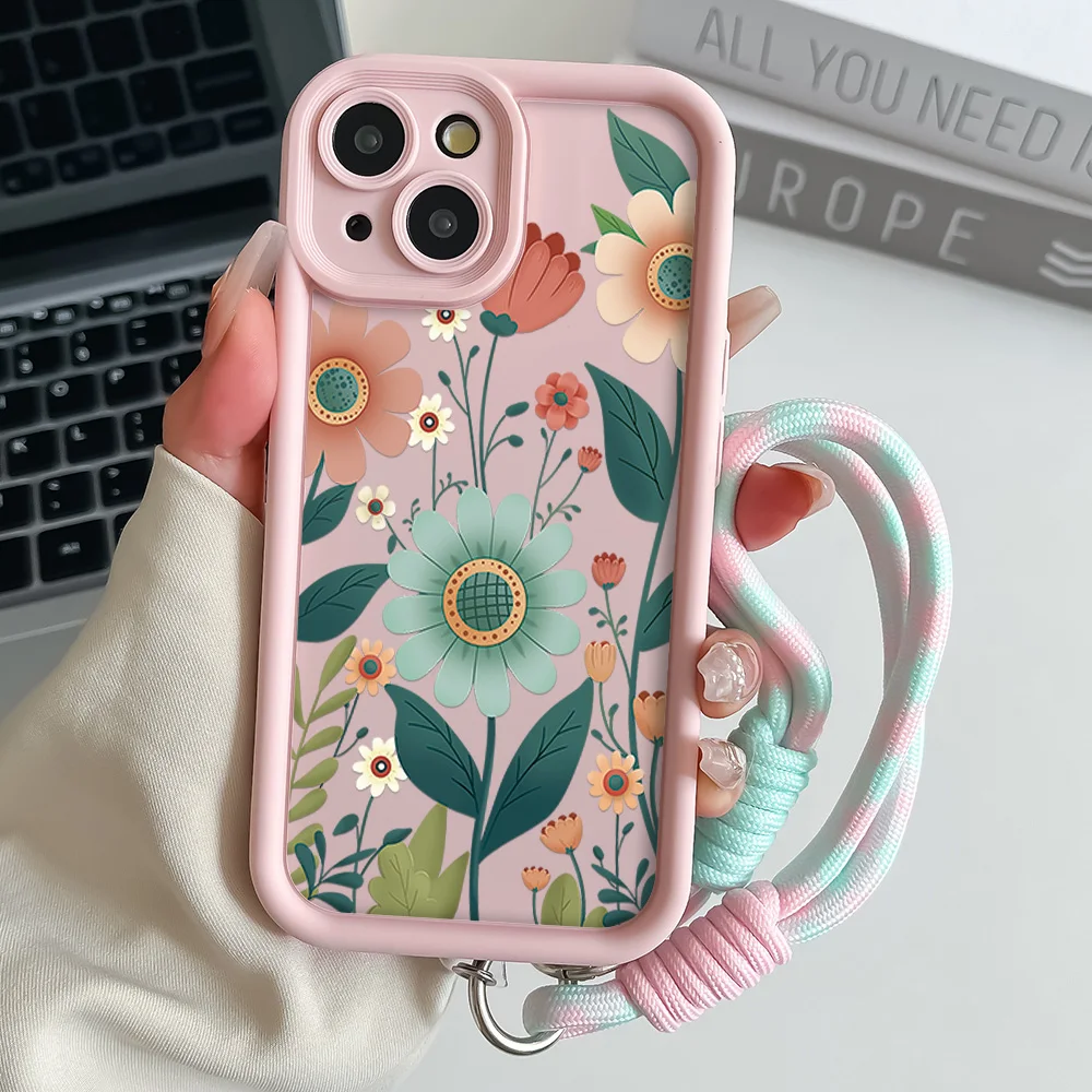 Floral Wrist Chain Lanyard Phone Case with Soft TPU Cover
